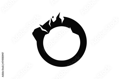 Abstract ink brush stroke forming a circular shape with jagged edges and a fiery top detail silhouette