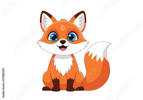A cute cartoon fox with bright blue eyes sits on a white background.