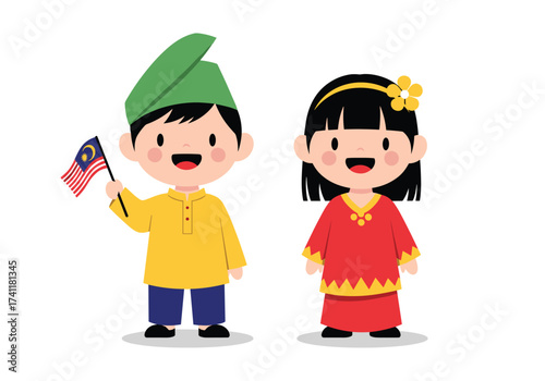 Two cute children in traditional Malaysian attire holding the Malaysian flag.