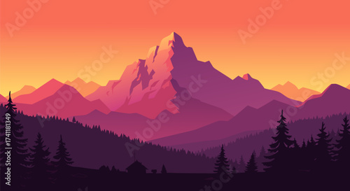 Vibrant flat design landscape illustration of majestic layered mountains under a dramatic sunset sky, featuring peaceful pine forests and a cozy cabin
