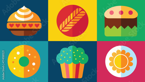 Colorful assortment of sweet baked goods in a flat vector style perfect for bakery promotions