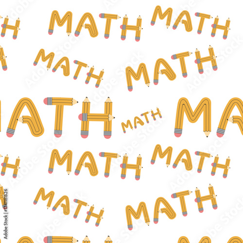 Seamless pattern of yellow pencils in the shape of the phrase Math. Vector illustration.