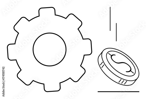Gear and falling coin representing financial management, productivity, profitability, or cost optimization. Ideal for business, workflow, economy, innovation investment technology. Simple flat