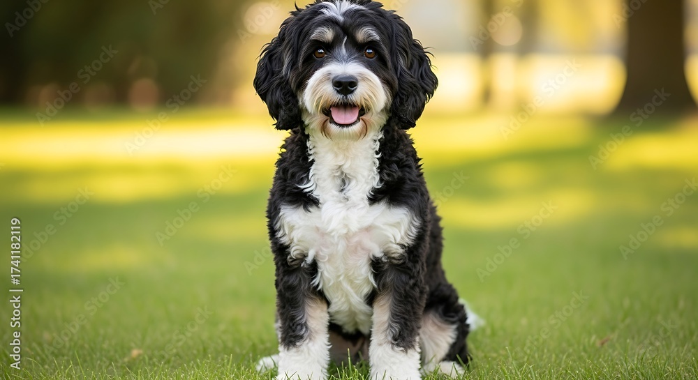Fototapeta premium Bernedoodle Puppy Sitting on Green Grass in Sunlight.