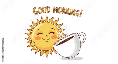 Adorable Cartoon Sun Character Smiling with a Steaming Cup of Coffee and Good Morning! Text