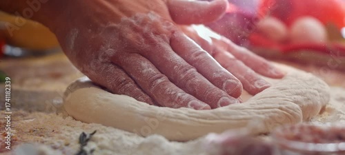 Close up view of a baker's hands kneading fresh raw pizza dough on a wooden board covered with flour, preparing a traditional italian dish in a pizzeria kitchen with warm lighting