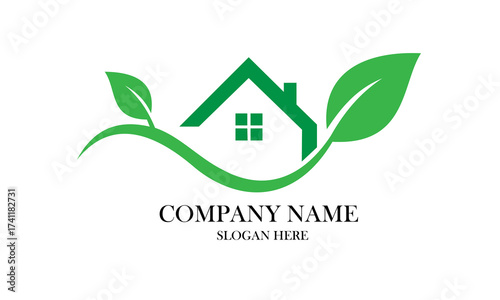 An elegant and natureinspired real estate logo featuring a green house with leaves, representing ecofriendly living, growth, and harmony with the environment
