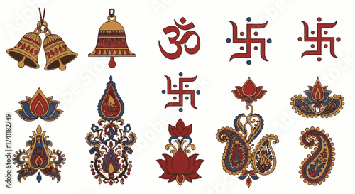Diwali Deepavali Assets: Traditional Indian Hindu Symbols, Om, Swastika, Lotus, Paisley Motifs. Festival of Lights design elements.