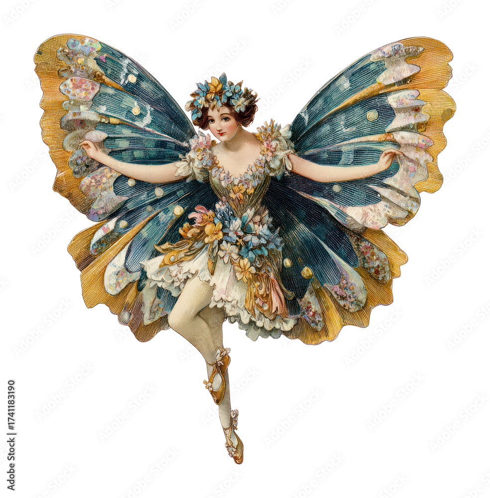 Fototapeta premium PNG Vintage fairy with colorful wings.