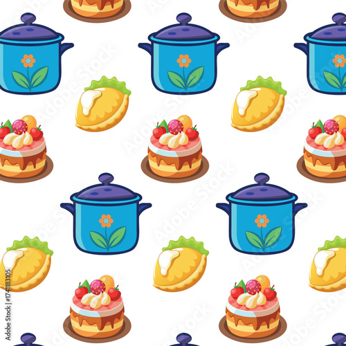 A bright pattern with the image of food and objects for the kitchen, for printing and designs