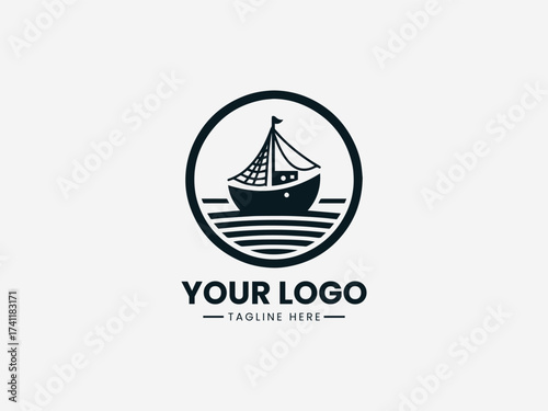 Traditional historic sailing boat vector logo with detailed sails and wooden hull for maritime museum