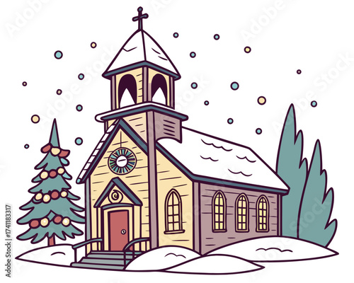 Christmas church with snow, winter holiday illustration isolated on white background