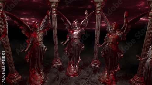 Dark Gothic Angel Statue In Fiery Hell Hall, vj loop