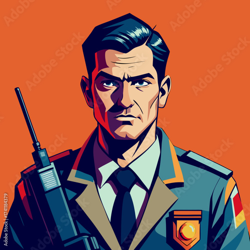 Professional security officer in uniform with a walkie-talkie, vector character illustration on an orange background.