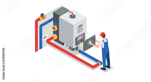Isometric boiler maintenance technician adjusting control panel