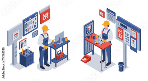 Isometric workers operating control panels in industrial settings