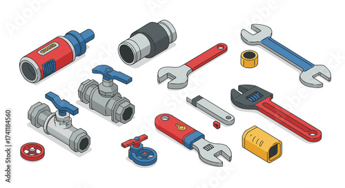 Industrial tools collection detailed 3d isometric wrenches, valves, and pipe fittings