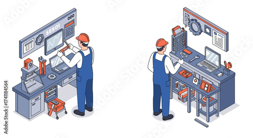 Engineer at workstation using technology in industrial workshop isometric style