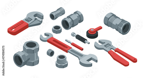 Isometric plumbing tools and parts with adjustable wrench and pipe fittings