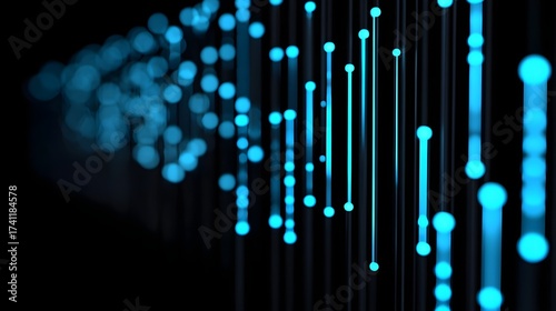 A dark, moody digital abstract background featuring a dynamic flow of luminous dots, lines, and patterns, creating a futuristic, technological atmosphere.