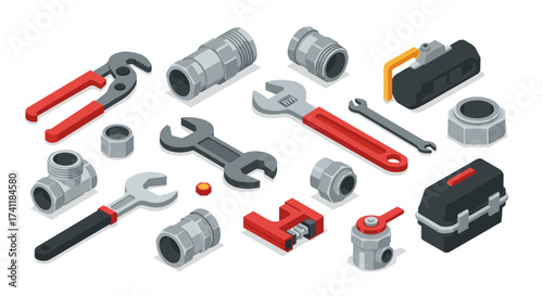 Isometric plumbing tools set wrench, pliers, and fittings for diy projects