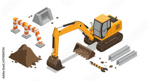Isometric excavator with construction tools and barriers on white background