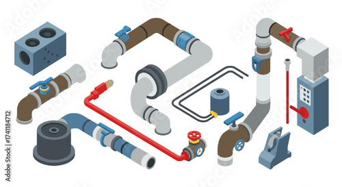 Isometric industrial pipe system with valves and connections on white background