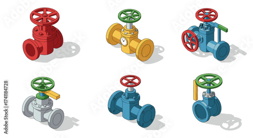 Colorful isometric pipe valves set with industrial design elements