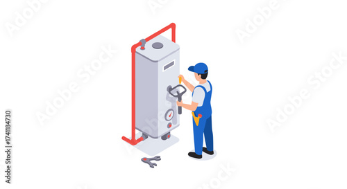 Isometric technician repairing water heater in modern home setting
