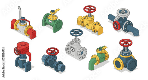 Colorful industrial valves collection in isometric style for engineering and infrastructure projects
