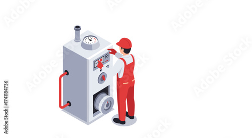Factory worker operating industrial machine in isometric style