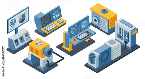 Isometric industrial technology set with computers and machinery