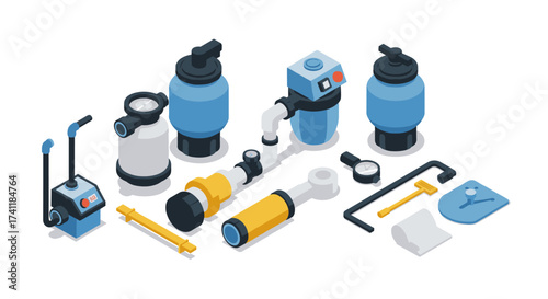 Isometric water filtration equipment set with valves and gauges for industrial use