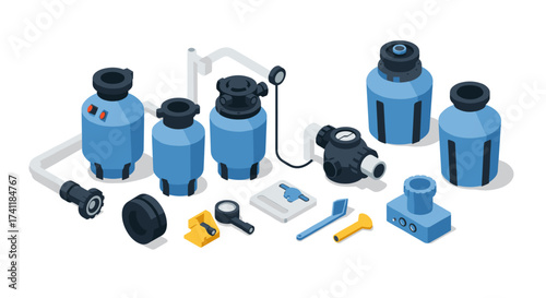 Industrial water filtration equipment set with blue components