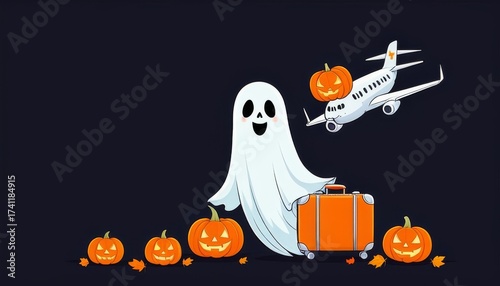 cartoon ghost character with pumpkin on orange suitcase and airplane flying over pumpkins on dark background with ample copy space, concept of halloween travel, holiday marketing, tourism business