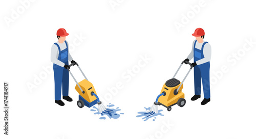 Isometric workers operating floor cleaning machines with safety gear
