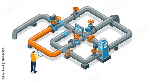 Isometric industrial pipeline system with engineer and control valves
