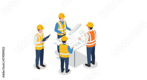 Construction team collaboration in isometric design on white background