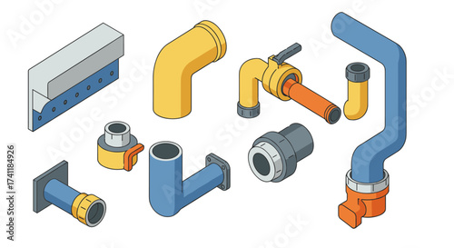 Isometric plumbing components in blue and yellow for industrial pipe design