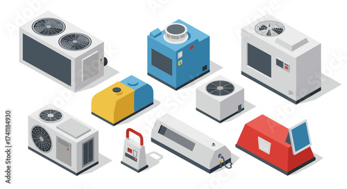 Isometric hvac equipment set with diverse climate control units on white background