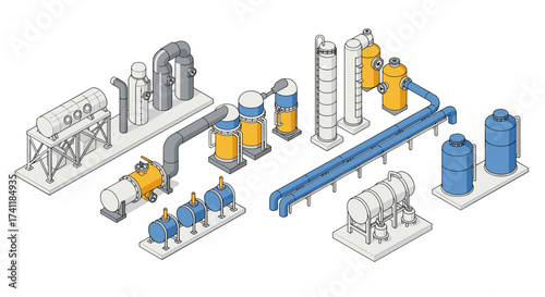 Isometric industrial equipment setup with detailed pipes and tanks