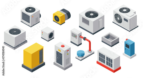 Isometric hvac equipment set air conditioning and ventilation systems