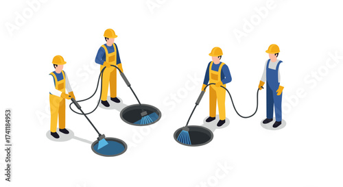 Isometric workers cleaning drains with highpressure water equipment
