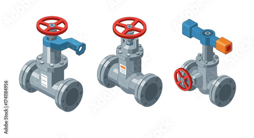 Industrial isometric valve set featuring three types of 3d mechanical components