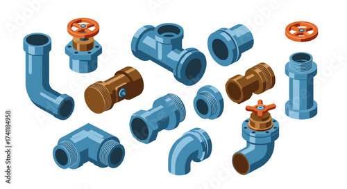 Collection of industry pipes and valves in isometric style for industrial design