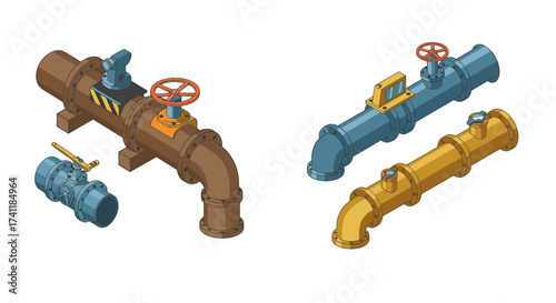 Industrial pipelines set with valves and connectors in isometric style for engineering projects