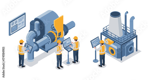 Isometric industrial engineers at control panels in modern factory setting