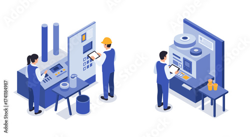 Isometric factory automation with engineers operating advanced machinery