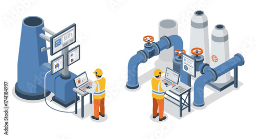 Industrial automation workers monitoring machinery with advanced technology
