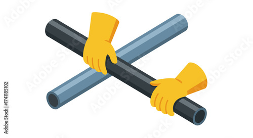 Crossed metal pipes with hands in isometric style